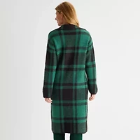 Liz Claiborne Coatigan Womens Long Sleeve Button Plaid Cardigan