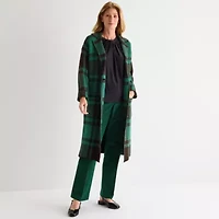 Liz Claiborne Coatigan Womens Long Sleeve Button Plaid Cardigan