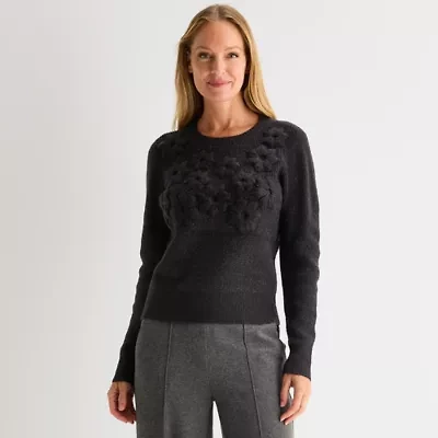Liz Claiborne Womens Crew Neck Embellished Long Sleeve Pullover Sweater