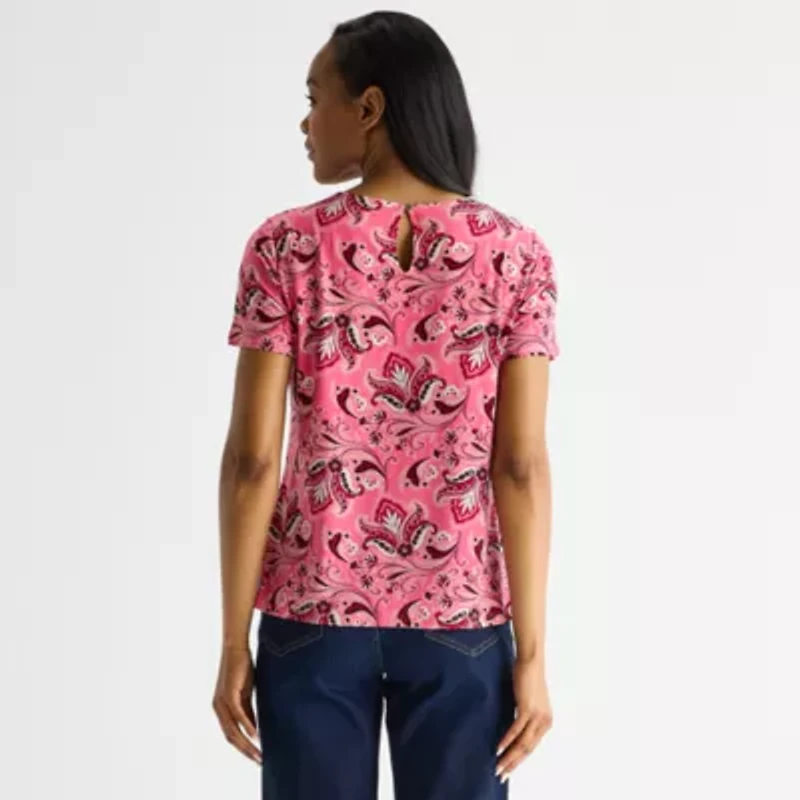 Liz Claiborne Womens Asymmetrical Neck Short Sleeve Blouse