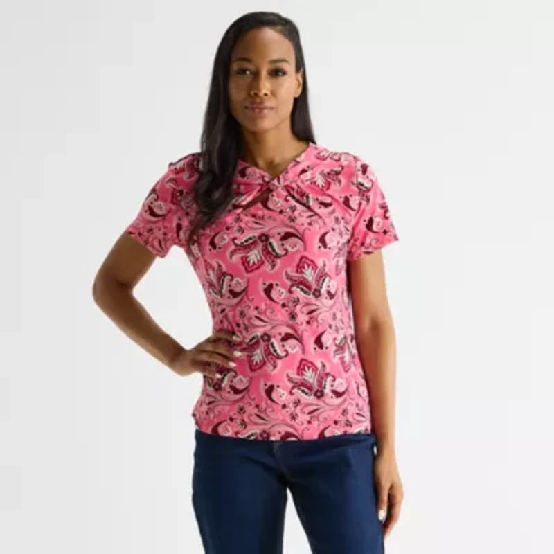 Liz Claiborne Womens Asymmetrical Neck Short Sleeve Blouse