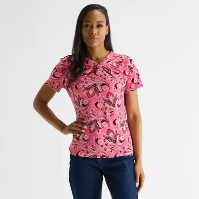 Liz Claiborne Womens Asymmetrical Neck Short Sleeve Blouse