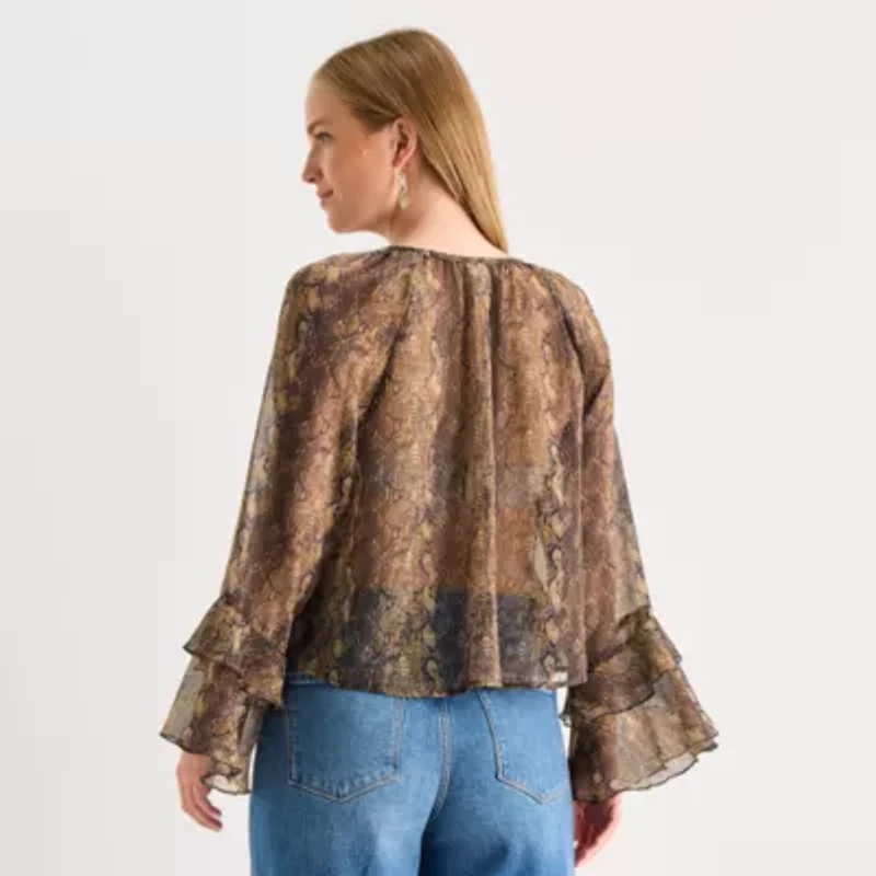 a.n.a Ruffle Womens Y Neck Long Sleeve Blouse