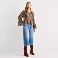 a.n.a Ruffle Womens Y Neck Long Sleeve Blouse