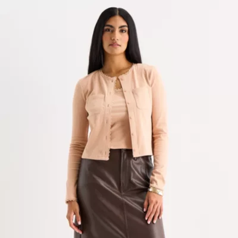 a.n.a Lace Trim Womens Crew Neck Long Sleeve Button Cardigan