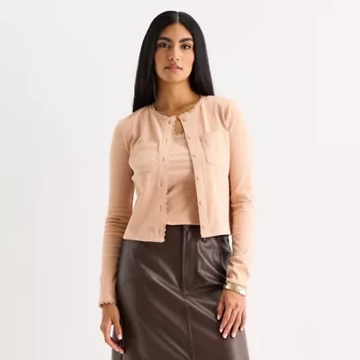 a.n.a Lace Trim Womens Crew Neck Long Sleeve Button Cardigan