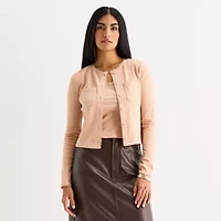 a.n.a Lace Trim Womens Crew Neck Long Sleeve Button Cardigan