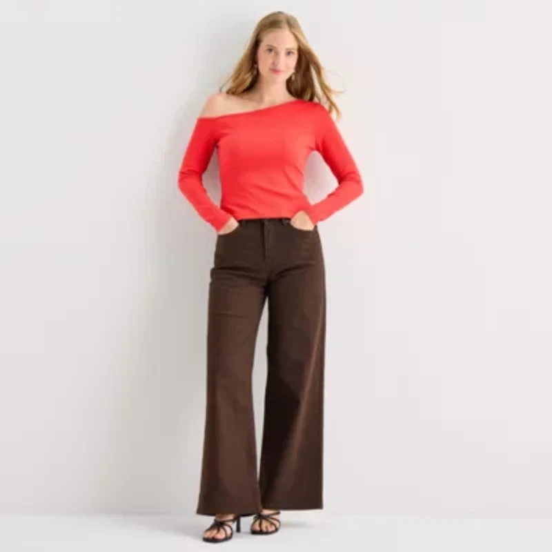 a.n.a Womens Asymmetrical Neck Long Sleeve T-Shirt