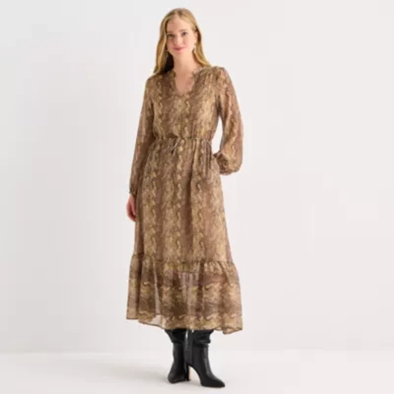 a.n.a Womens Long Sleeve Animal Maxi Dress