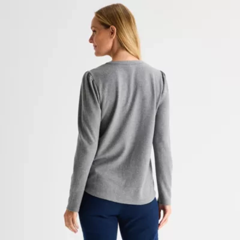Liz Claiborne Womens Split Crew Neck Long Sleeve Blouse