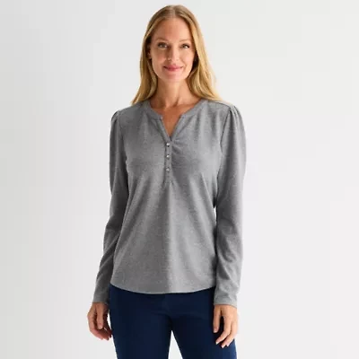 Liz Claiborne Womens Split Crew Neck Long Sleeve Blouse