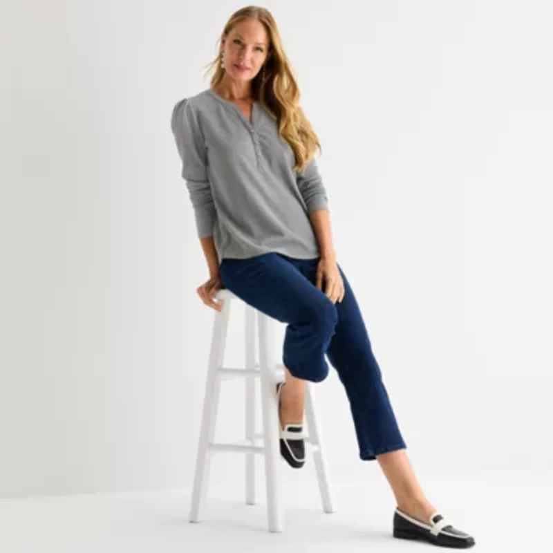 Liz Claiborne Womens Split Crew Neck Long Sleeve Blouse