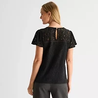 Liz Claiborne Womens Crew Neck Short Sleeve Lace Blouse