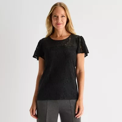 Liz Claiborne Womens Crew Neck Short Sleeve Lace Blouse