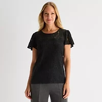 Liz Claiborne Womens Crew Neck Short Sleeve Lace Blouse