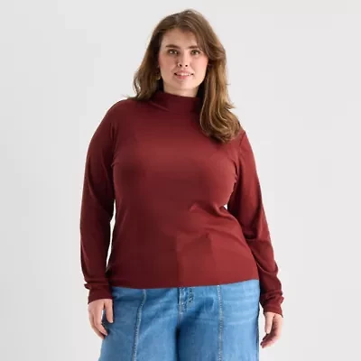 a.n.a Womens Plus Mock Neck Long Sleeve T-Shirt