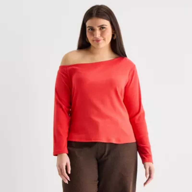 a.n.a Womens Asymmetrical Neck Long Sleeve Plus T-Shirt