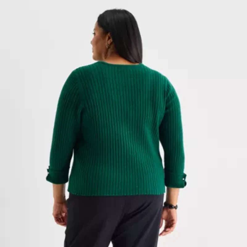 Liz Claiborne Plus Womens Split Crew Neck Short Sleeve Pullover Sweater