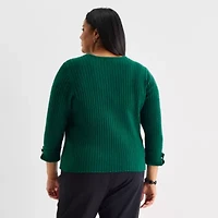 Liz Claiborne Plus Womens Split Crew Neck Short Sleeve Pullover Sweater