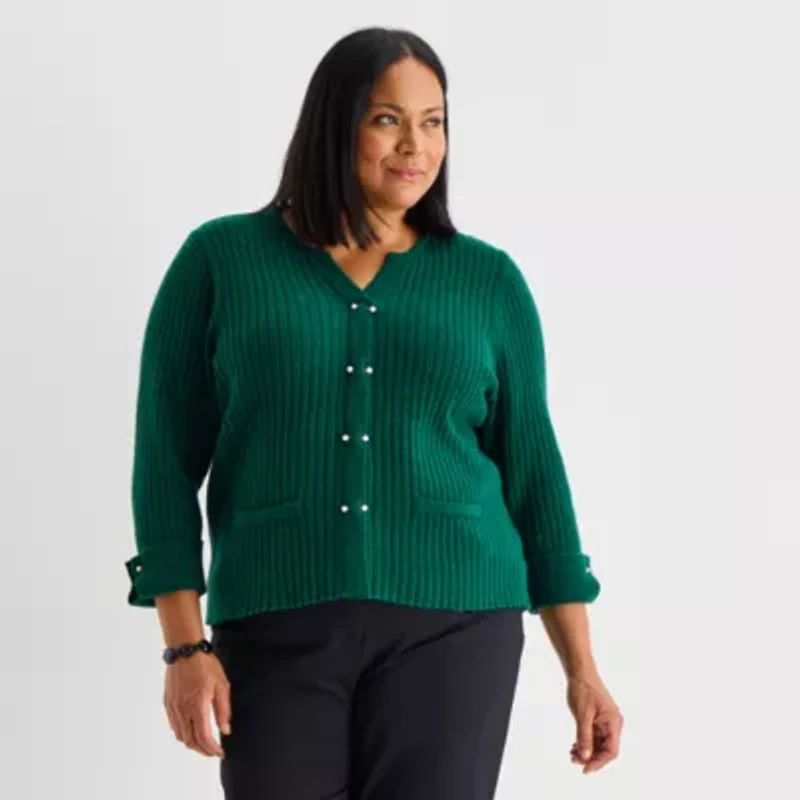 Liz Claiborne Plus Womens Split Crew Neck Short Sleeve Pullover Sweater