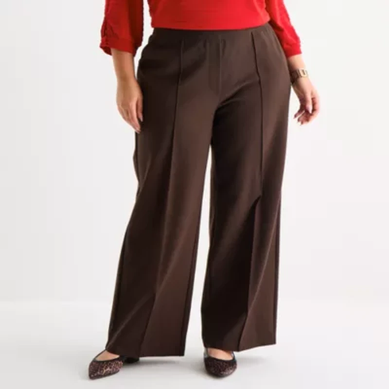 Liz Claiborne Womens Plus Wide Leg Mid Rise Pull-On Pant