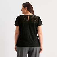 Liz Claiborne Womens Plus Crew Neck Short Sleeve Lace Blouse