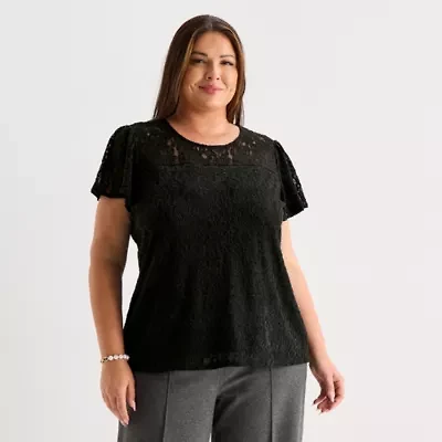 Liz Claiborne Womens Plus Crew Neck Short Sleeve Lace Blouse