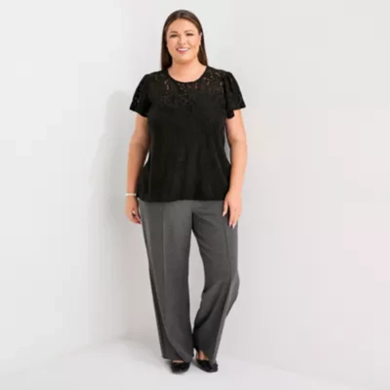 Liz Claiborne Womens Plus Crew Neck Short Sleeve Lace Blouse