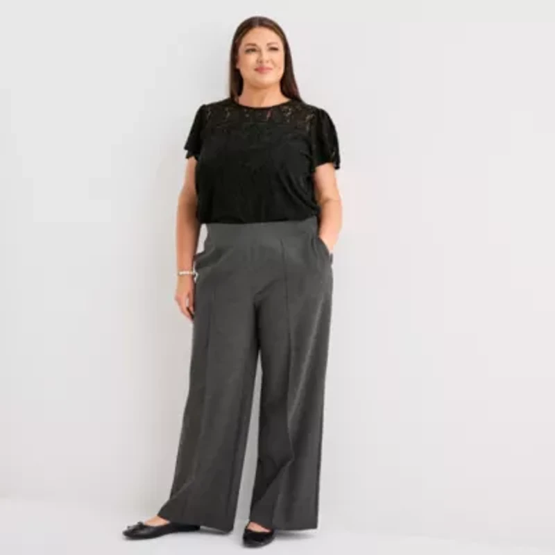 Liz Claiborne Womens Plus Wide Leg Mid Rise Pull-On Pant
