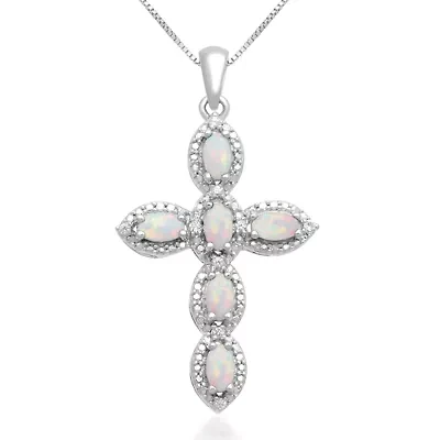Lab-Created Opal & White Sapphire Sterling Silver Cross Pendant Necklace