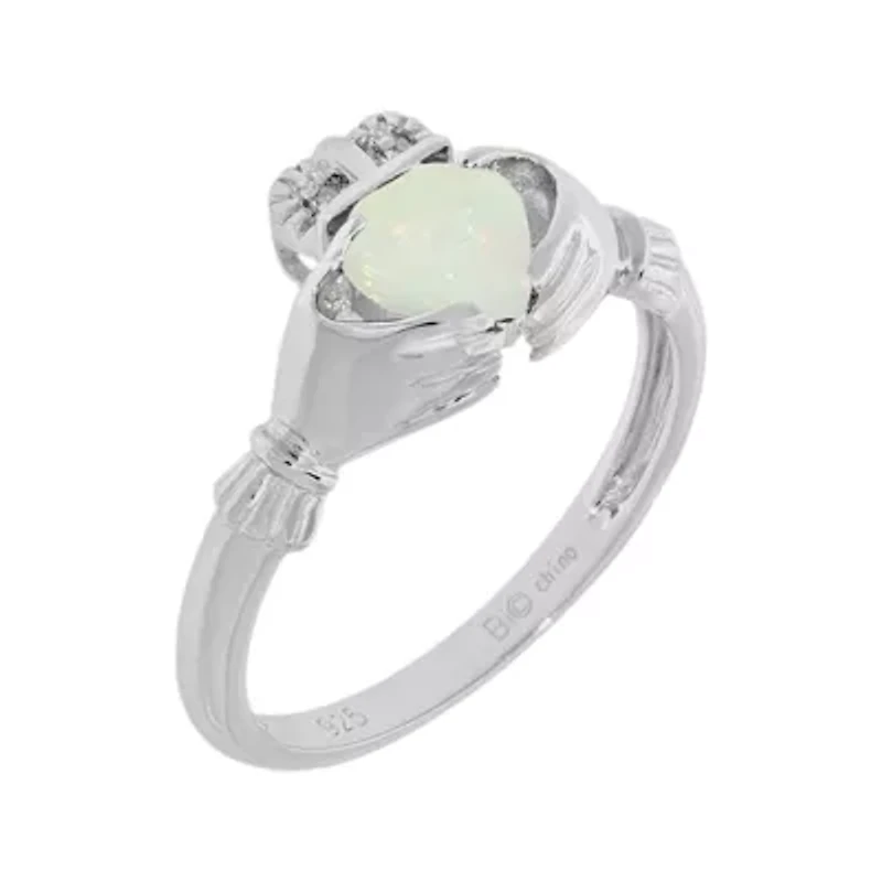 Heart-Shaped Lab-Created Opal and Diamond-Accent Sterling Silver Claddagh Ring