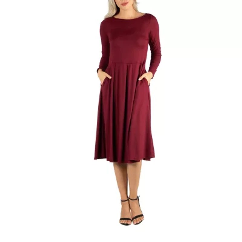 24/7 Comfort Apparel Midi Length Fit And Flare Pocket Dress