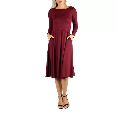 24/7 Comfort Apparel Midi Length Fit And Flare Pocket Dress