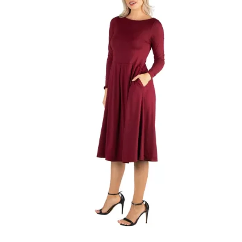 24/7 Comfort Apparel Midi Length Fit And Flare Pocket Dress