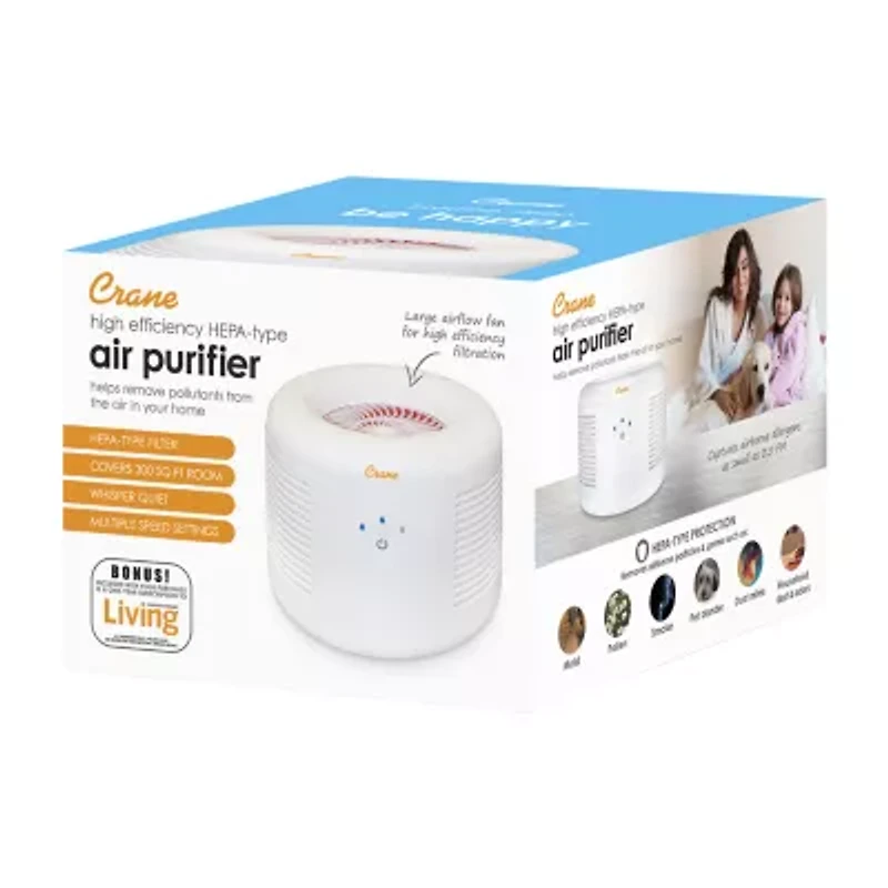 Crane HEPA Air Purifier , 300 Sq Ft. Coverage, Compact