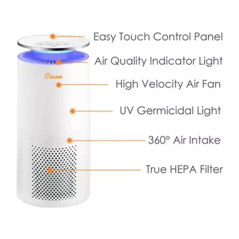 Crane True HEPA Air Purifier With Germicidal UV Light, 500 Sq Ft. Coverage, Ultra Premium