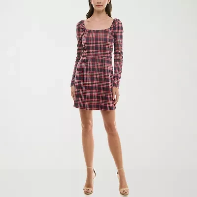 Trixxi Womens Long Sleeve Plaid Juniors Fit + Flare Dress
