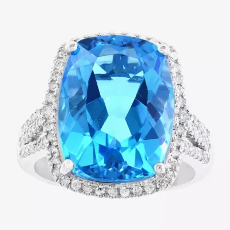 Effy Final Call Womens 3/8 CT. T.W. Genuine Blue Topaz 14K White Gold Cushion Halo Cocktail Ring
