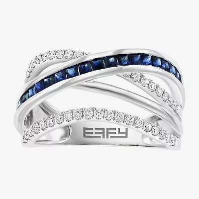 Effy  Womens Genuine Blue Sapphire & 1/3 CT. T.W. Natural Diamond 14K White Gold Cocktail Ring