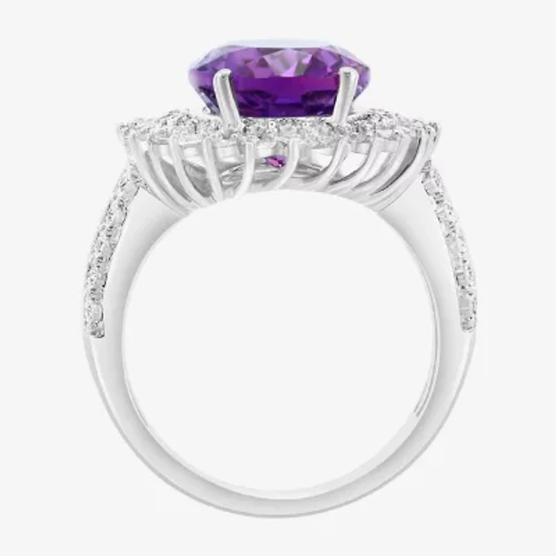 Effy Final Call Womens 3/8 CT. T.W. Genuine Purple Amethyst 14K White Gold Oval Halo Cocktail Ring
