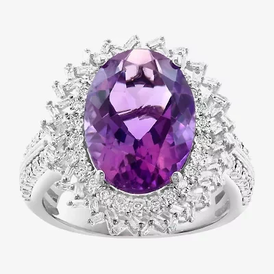 Effy Final Call Womens 3/8 CT. T.W. Genuine Purple Amethyst 14K White Gold Oval Halo Cocktail Ring