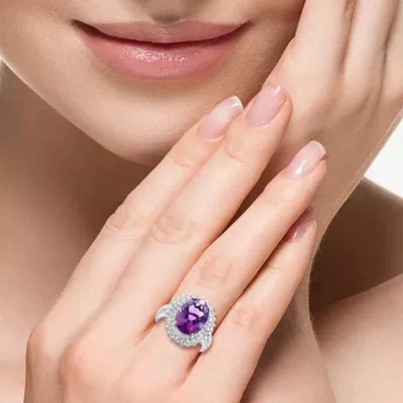 Effy Final Call Womens 3/8 CT. T.W. Genuine Purple Amethyst 14K White Gold Oval Halo Cocktail Ring
