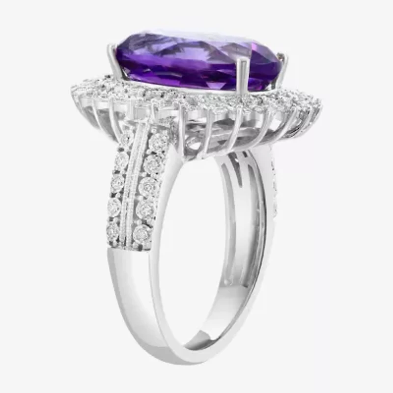 Effy Final Call Womens 3/8 CT. T.W. Genuine Purple Amethyst 14K White Gold Oval Halo Cocktail Ring