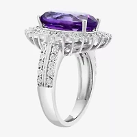 Effy Final Call Womens 3/8 CT. T.W. Genuine Purple Amethyst 14K White Gold Oval Halo Cocktail Ring