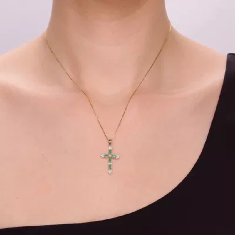 Gemstone & 1/6 CT. T.W. Natural Diamond 10K Gold Cross Pendant Necklace