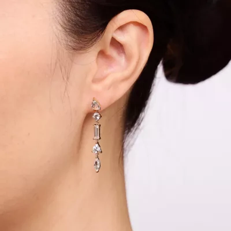 Womens Lab Created White Sapphire 18K Gold Over Silver Drop Earrings