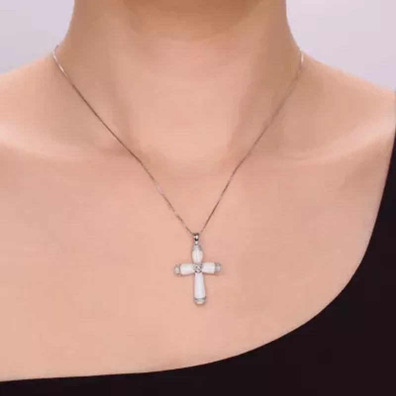 Womens Diamond Accent Lab Created White Opal Sterling Silver Cross 18 Inch Pendant Necklace