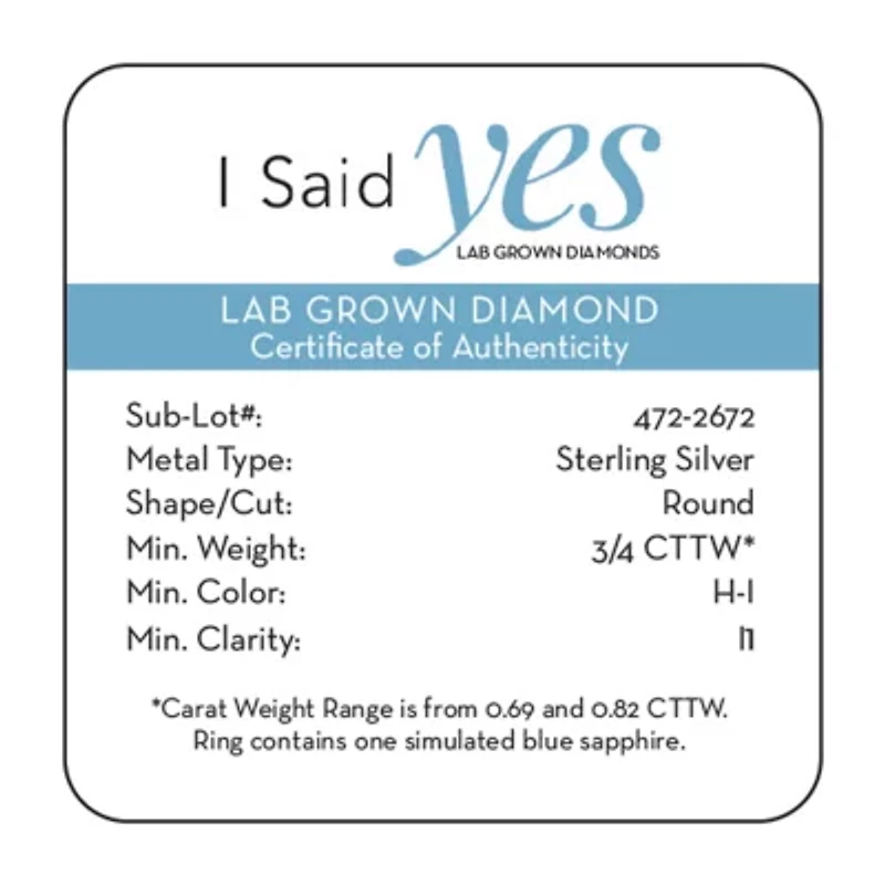 I Said Yes (H-I / I1) Womens 3/4 CT. T.W. Lab Grown White Diamond Sterling Silver or 14K Gold Over Round Side Stone Engagement Ring