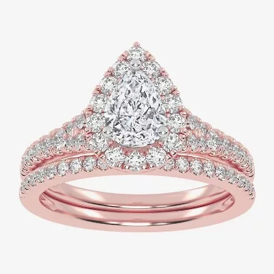 (G-H / Vs2-Si1) Womens 1 CT. T.W. Lab Grown White Diamond 10K Rose Gold Pear Side Stone Halo Bridal Set