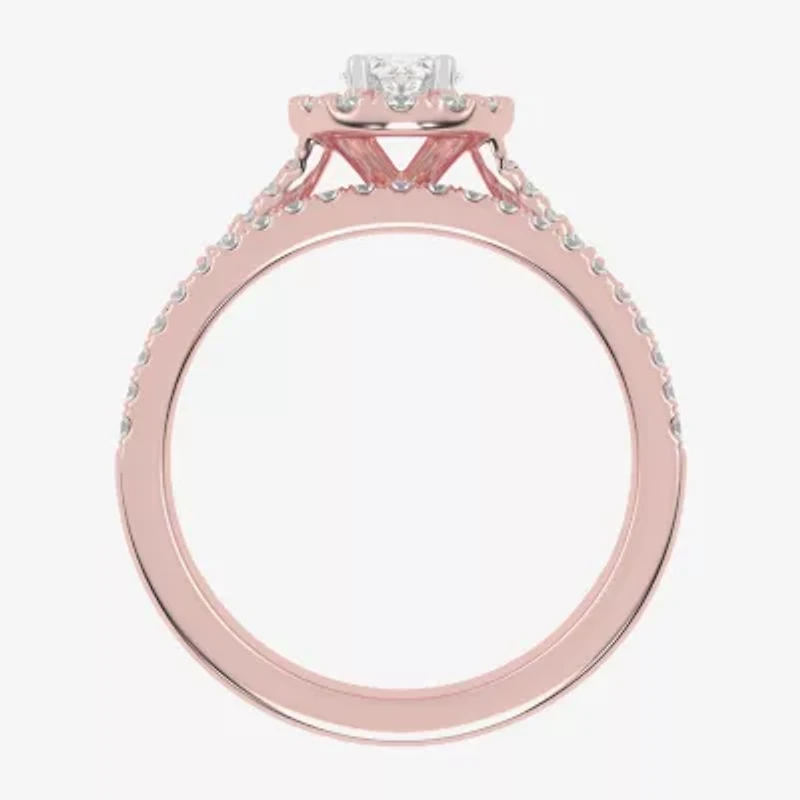 (G-H / Vs2-Si1) Womens 1 CT. T.W. Lab Grown White Diamond 10K Rose Gold Oval Side Stone Halo Bridal Set